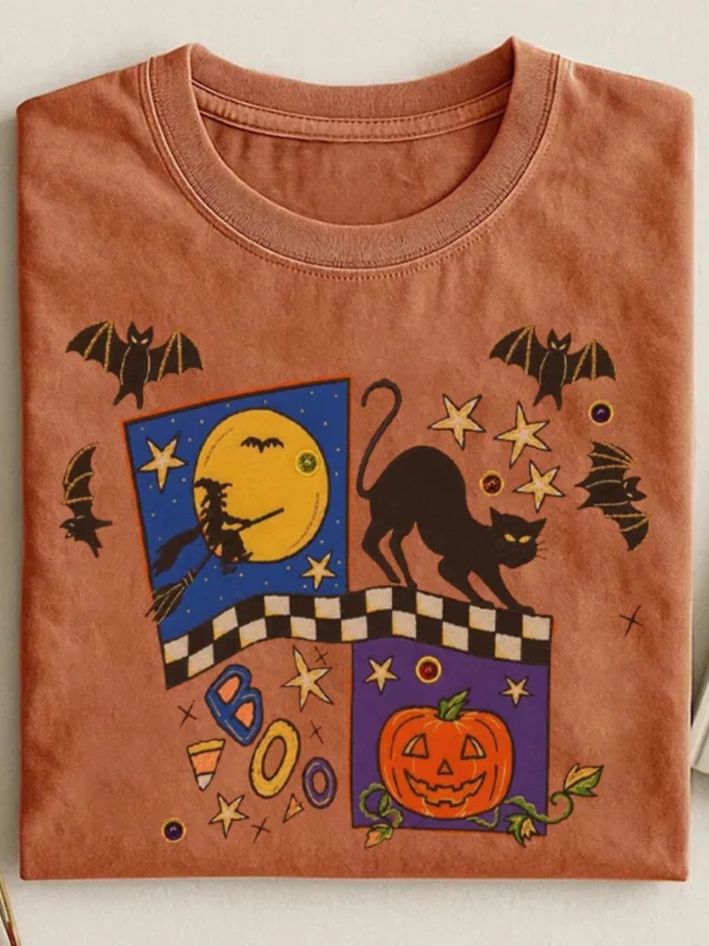 Halloween Pumpkin & Black Cat Costume T‑Shirt - Orange Gildan Shirt - Picture 1 of 2